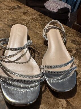 Women's Silver Embellished Strappy Slide Sandals. Worn once.